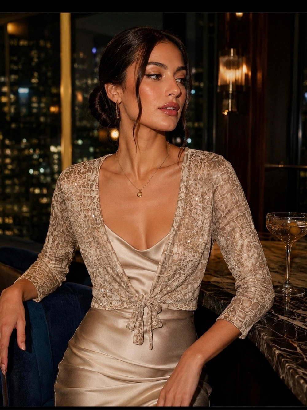 Bebe  Sequin Tie-Front Shrug Cardigan